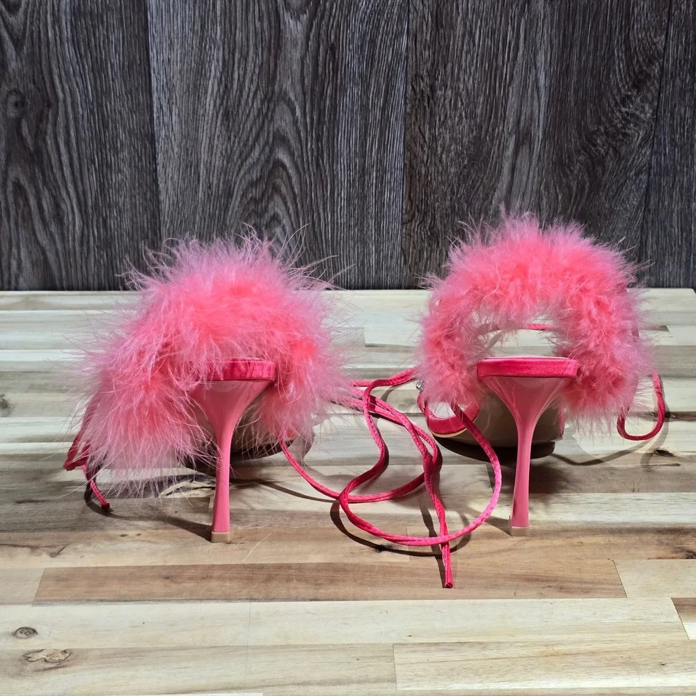 Hot Pink Rhinestone Feather Tie Up Heels‎ Sandals US Size7 Shein Size 38